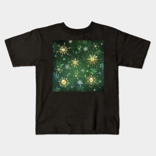 Golden Snowflakes on Green Background Kids T-Shirt